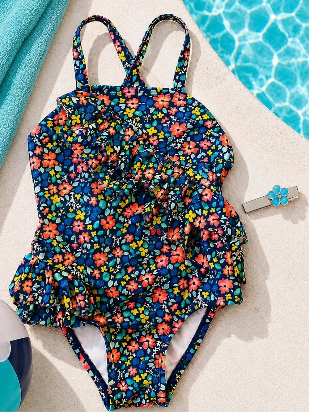 Cat & Jack 4T Navy Floral Ruffle Swimsuit Set + Matching Flower Hair Clip
